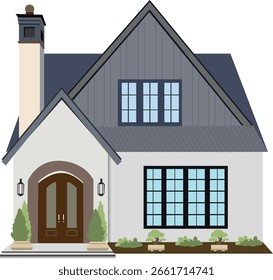 Vector illustration of a small modern house with dark gray roof, white walls, and blue windows. Simple and clean architecture design, perfect for real estate, construction, or home design projects.