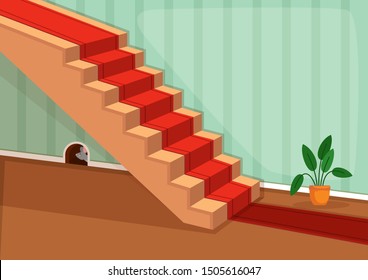 Vector illustration of small mouse hiding in its hole inside the house