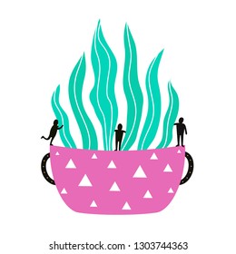 Vector illustration with small people black silhouettes hugging big green aloe or sansevieria. Pink floral pot with white trinagles. Funny plant lover print design