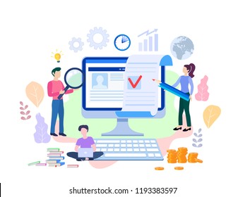 Vector illustration, small people fill out the form, modern concept for web banners, infographics, websites, printed products, filling out resumes, hiring employees