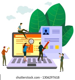 Vector illustration, small people fill out the form, modern concept for web banners, infographics, websites, printed products, filling out resumes, hiring employees.