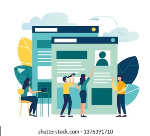 Vector illustration, small people fill out the form, modern concept for web banners, infographics, websites, printed products, filling out resumes, hiring employees - Vector 