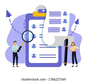 Ilustración vectorial, pequeñas personas rellenan el formulario, concepto moderno para banners web, infografías, sitios web, productos impresos, currículum de relleno, contratación de empleados - Vector