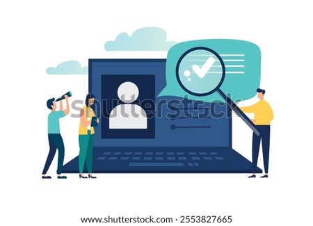 Vector illustration, small people fill out the form, modern concept for web banners, infographics, websites, printed products, filling out resumes, hiring employees