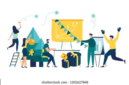 Vector illustration small people are preparing for the new year, are engaged in decoration, corporate in the office at work