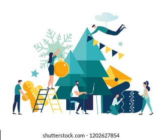 Vector illustration small people are preparing for the new year, are engaged in decoration, corporate in the office at work