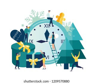 Vector illustration small people are preparing for the new year, are engaged in decoration, corporate in the office at work