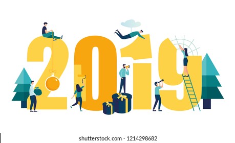 Vector illustration small people are preparing for the new year, are engaged in decoration, the inscription New Year 2019