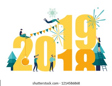 Vector illustration small people are preparing for the new year, are engaged in decoration, the inscription New Year 2019