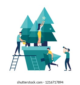 Vector illustration small people are preparing for the new year, are engaged in decoration, corporate in the office at work
