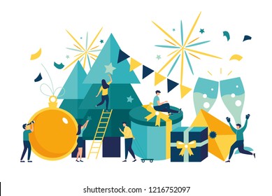 Vector illustration small people are preparing for the new year, are engaged in decoration, corporate in the office at work