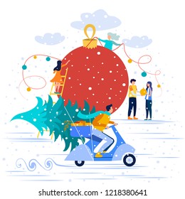 Vector illustration small people are preparing for the new year, are engaged in decoration, corporate in the office at work
