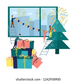 Vector illustration small people are preparing for the new year, are engaged in decoration, corporate in the office at work