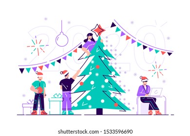 Vector illustration small people are preparing for the new year, are engaged in decoration, corporate in the office at work. Flat style vector illustration
for web page, social media, documents, cards