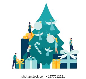 Vector illustration small people are preparing for the new year, are engaged in decoration, corporate in the office at work