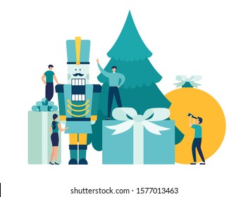 Vector illustration small people are preparing for the new year, are engaged in decoration, corporate in the office at work,nutcracker