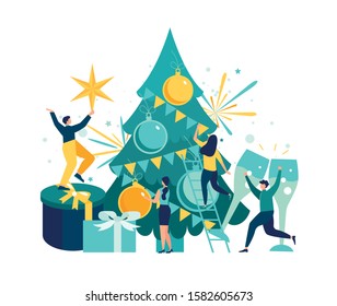 Vector illustration small people are preparing for the new year, are engaged in decoration, corporate in the office at work