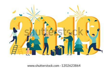 Vector illustration small people are preparing for the new year, are engaged in decoration, the inscription New Year 2019