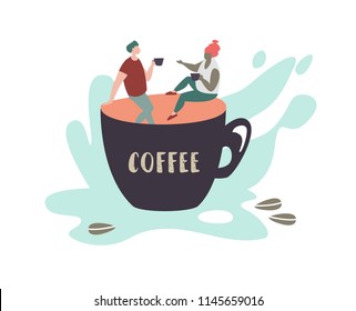 Vector Illustration Of Small People Sit On A Large Cup, Drink And Talk . Concept Coffee Break, Coffee Shop, Communication And Relaxation