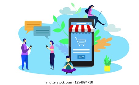 Vector Illustration of small people using smart phone. online shop concept.