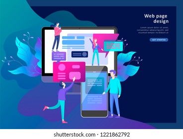 Vector illustration, small people are working on creating a website, applications, transferring information, vector illustration of the concept of web page design and development of mobile websites,