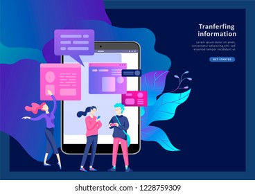 Vector illustration, small people are working on creating a website, applications, transferring information, vector illustration of the concept of web page design and development of mobile websites,