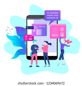 Vector illustration, small people are working on creating a website, applications, transferring information, vector illustration of the concept of web page design and development of mobile websites,