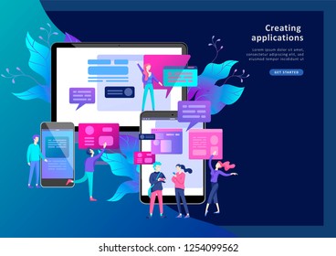 Vector illustration, small people are working on creating a website, applications, transferring information, vector illustration of the concept of web page design and development of mobile websites,