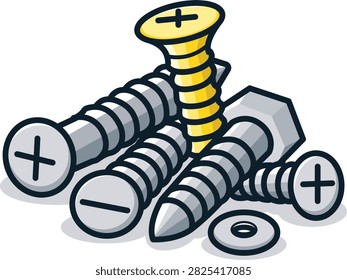 Vector illustration of a small pile of assorted metal screws and a washer, featuring a single yellow screw among silver ones, modern flat icon design isolated on a white background for DIY.