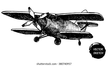 Vector Illustration of Small Plane Sketch for Design, Website, Background, Banner. Hand Drawing Airplane Transport. Travel and Vacation Ink Element Template. Isolated on White
