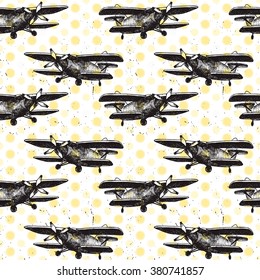 Vector Illustration of Small Plane Sketch for Design, Website, Background, Hand Drawing Airplane Transport. Travel and Vacation Ink Element Template. Seamless Pattern Wallpaper. Yellow and Black