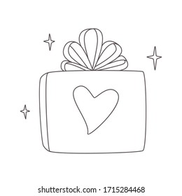 Vector illustration of small present, gift with bow on top and with heart. Expanded stroke. Isolated on white background.