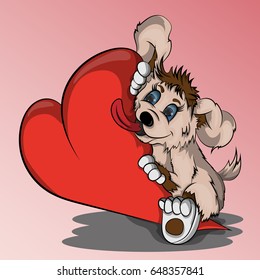 Vector illustration of a small puppy hugging a heart