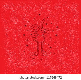 Vector illustration of small  rabbit on a red background with snowflakes