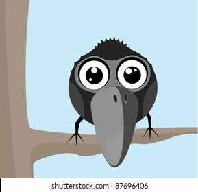 Vector illustration of a small raven sitting on a branch