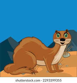 Vector illustration small ravenous animal marten on background of the mountains