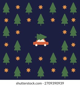 Ilustración vectorial de un coche rojo Pequeño que lleva un árbol de Navidad a través del bosque
