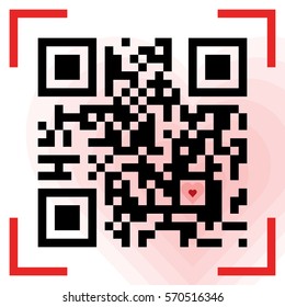 Vector illustration of small red heart inside the Qr-code sample. Scanned Qr code reads I love you, valentine sticker, greeting card