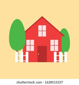 Vector illustration of a small red house among trees