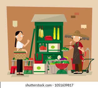 Vector illustration of a small roadside local vegetable stall in Hong Kong