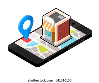 A vector illustration of a small shop locater.
Icon illustration of an Isometric store - directions on smart phone.
Wireless device with locater map app device.