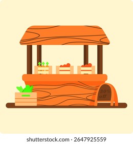 Vector illustration of a small shop made of wood with a brown roof, selling various goods. Suitable for market, street food, festival, outdoor bazaar, and traditional shopping themes.