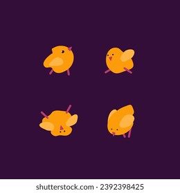 Vector illustration of a small silly yellow chicks. Bird character design in hand-drawn style. Simple funny chicken. Goofy birds having fun