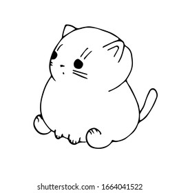 Vector illustration. Small sitting sideways kitten isolated on white background. Hand drawn simple doodle lineart. Cute cat in a trendy minimalist style.