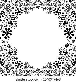 
Vector illustration of small snowflakes, autumn leaves, hearts forming a round frame. Doodle style. Black on white. For lettering, text, poster, postcard.