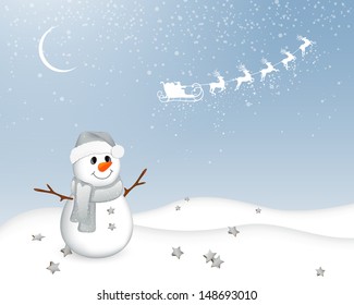 Vector Illustration of a Small Snowman in a Winter Landscape