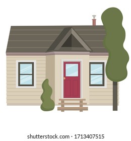 Vector Illustration Of A Small Starter Home With No Garage. Flat Vector Style, Suitable For Real Estate, Mortgages, Lending, Income Discussion, Financial Goals, Budget Purchasing