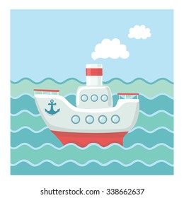 Vector illustration of small steamship  in the waves