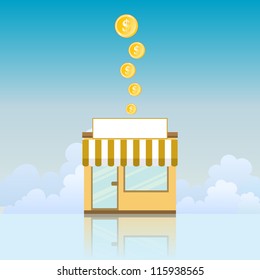 Vector illustration of a small store yielding gold coins.