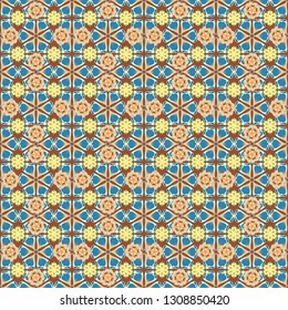 Vector illustration. Small stylized flowers. Ditsy cute floral seamless pattern in blue, yellow and brown colors.